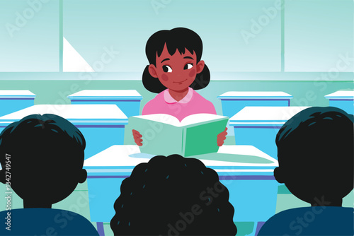 A young girl, smiling warmly, reads a colorful storybook aloud to a captivated group of elementary school classmates sitting on a rug in a classroom.