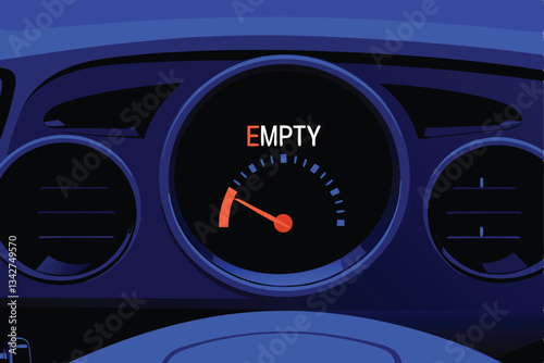 Close-up shot of a car's dashboard, focusing on the fuel gauge needle pointing to 'E' (empty), indicating low fuel.