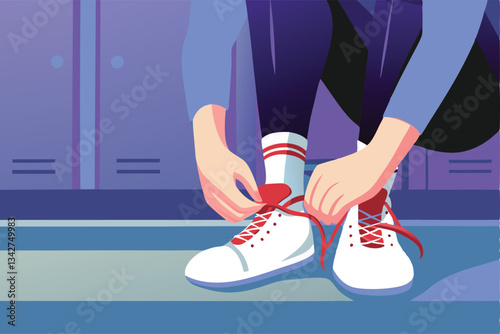 A young girl meticulously tying her shoelaces, preparing for physical education class, vibrant and colorful setting.
