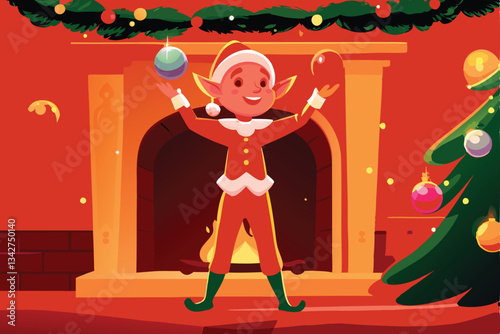 A jovial cartoon elf, brightly colored, skillfully juggling shining Christmas ornaments; whimsical, festive scene.