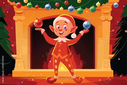 A jovial cartoon elf, bright green outfit, gleefully juggling colorful Christmas ornaments against a snowy winter backdrop.