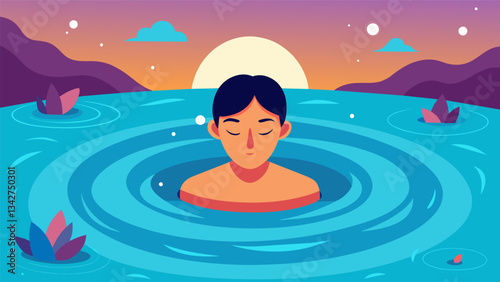 A person floating in a tranquil pool eyes closed enveloped in a warm embrace of water and solitude. In this moment they are disconnected from the outside world finding a sense of. Vector illustration