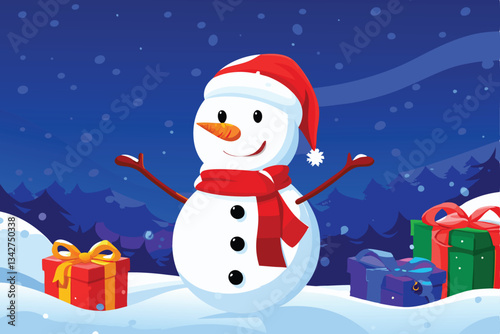Create a cheerful cartoon snowman wearing a red scarf, carrot nose, and coal eyes, smiling broadly against a snowy winter background.