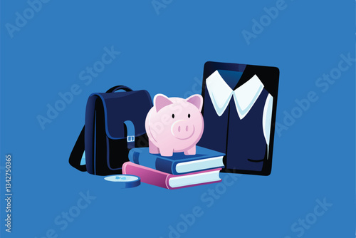 A child's piggy bank overflowing with coins, surrounded by scattered school books, pencils, and a ruler, signifying savings for education.