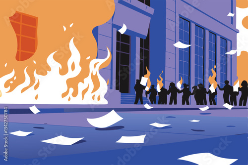 Activists staging a protest, burning symbolic AI contracts in a fiery demonstration against artificial intelligence exploitation.