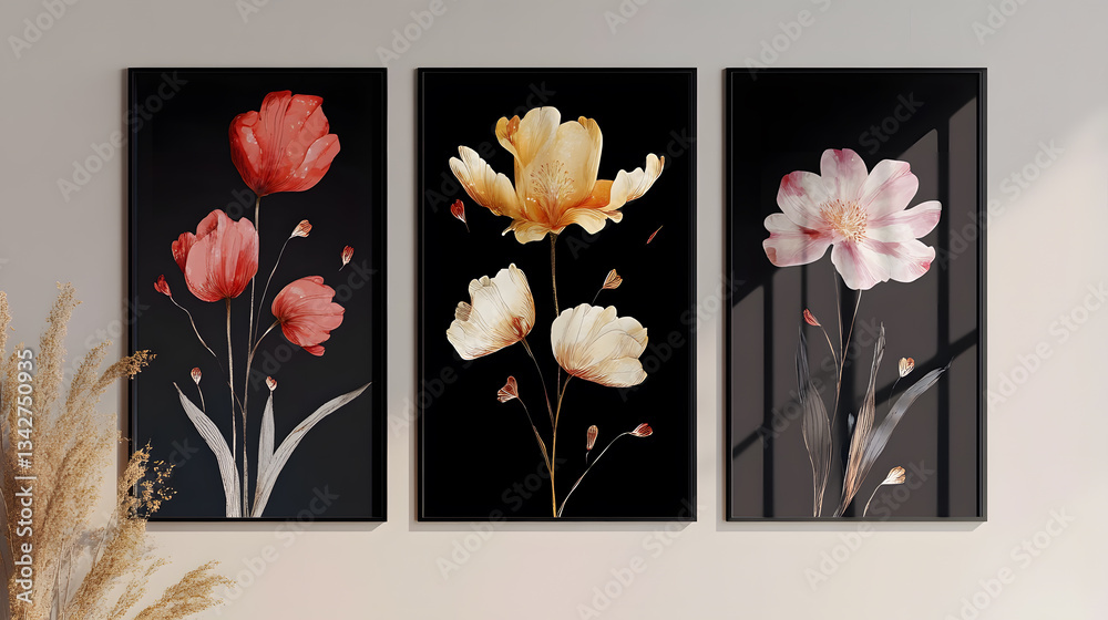 Obraz premium Minimalist Floral Triptych Decorative Paintings