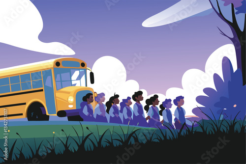 Eager schoolchildren, backpacks laden, patiently queueing to board a bright yellow school bus on a sunny morning.