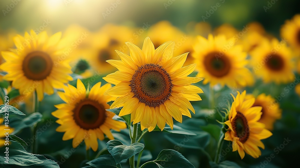Obraz premium A captivating sea of vibrant yellow sunflowers blooms in a dark green field, showcasing nature's beauty