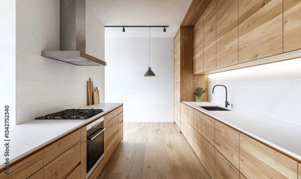 Fototapeta premium Minimalistic kitchen interior highlighting clean lines and modern aesthetics.