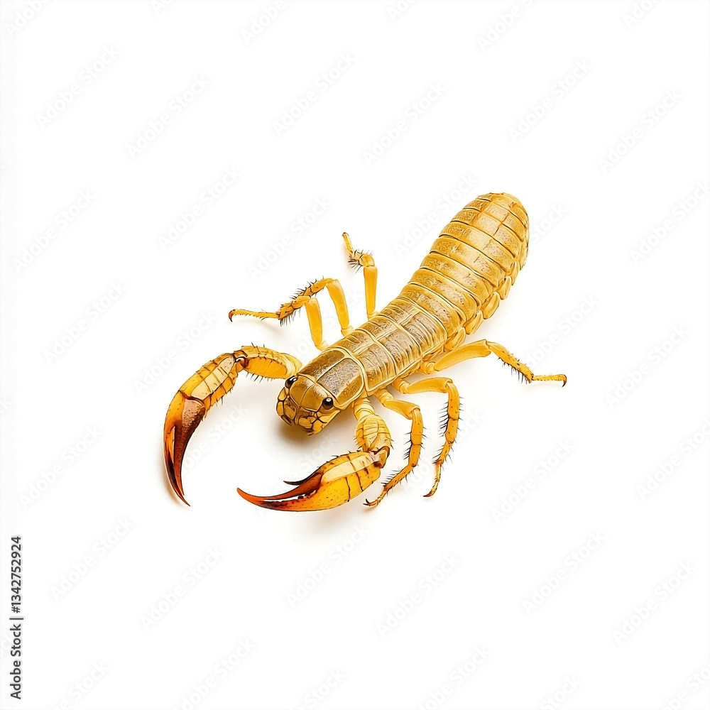 Detailed studio shot showcasing a scorpion against a stark white backdrop Detailed studio shot showcasing a scorpion against a stark white backdrop