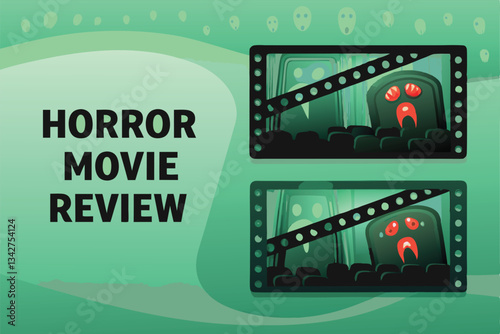 Design a chilling banner for a horror movie review, featuring a dark cinematic scene; use deep reds, blacks, and grays.  Include a  space.