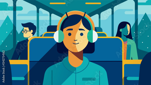 A commuter listens to a calming music playlist using noisecancelling headphones to block out the sounds of the busy bus.. Vector illustration