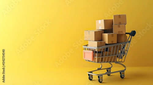 A miniature shopping cart full of cardboard boxes stands on a yellow background, representing online shopping, e-commerce, and delivery