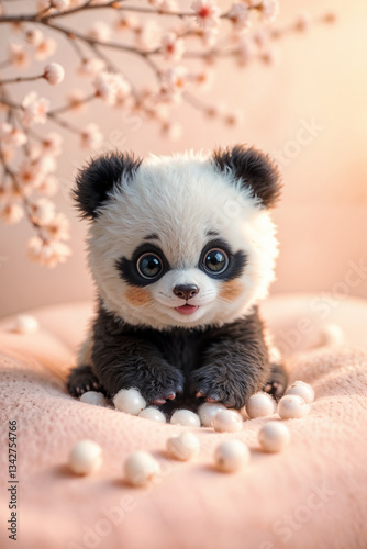 Adorable Baby Panda Amid Cherry Blossom Bliss, created with generative AI technology	
