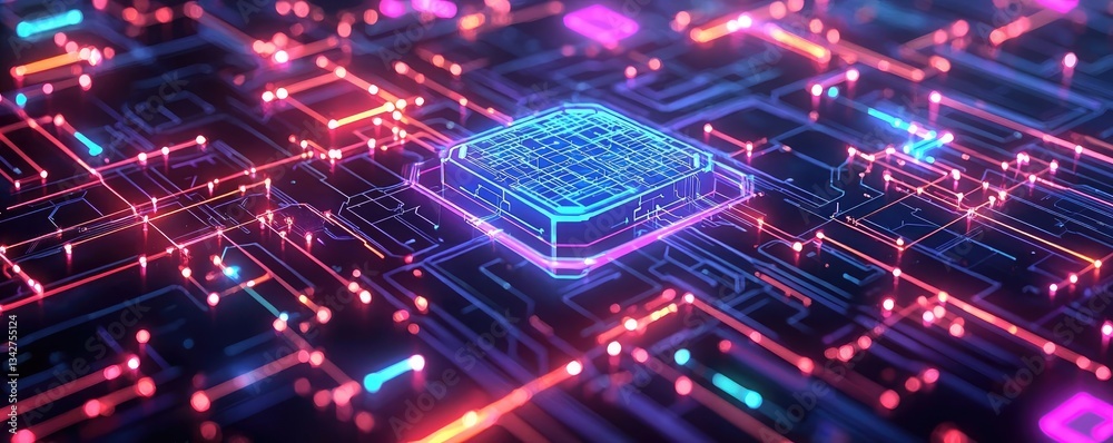 Fototapeta premium Artificial intelligence brain network and database concept. An abstract representation of a vibrant microchip.