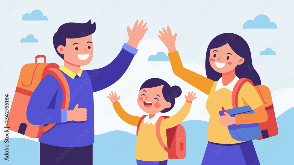 The parents highfiving each other after finding a great deal on a durable backpack that will last all year.. Vector illustration The parents highfiving each other after finding a great deal on a durable backpack that will last all year.. Vector illustration