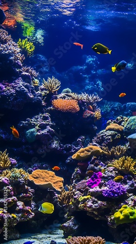 Colorful fishes swim on coral reefs in the ocean for nature marine aquarium concept