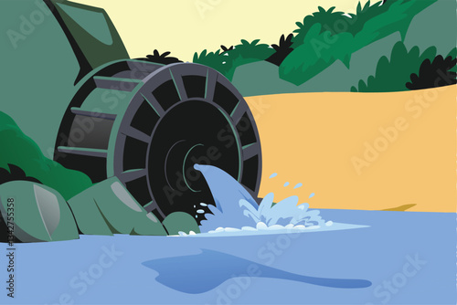 Powerful hydroelectric turbine generating energy amidst a rushing mountain stream; showcasing sustainable energy production in a pristine natural environment.