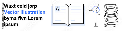 Open book with letter, wind turbine, stacked coins signifying education, renewable energy, economy. Ideal for education, sustainability, finance, technology publishing environment simple landing