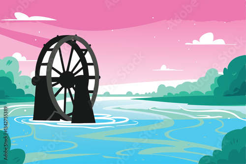 A rustic hydroelectric water wheel, slowly turning in a tranquil, clear river.  Sunlight glints off the calm water's surface.