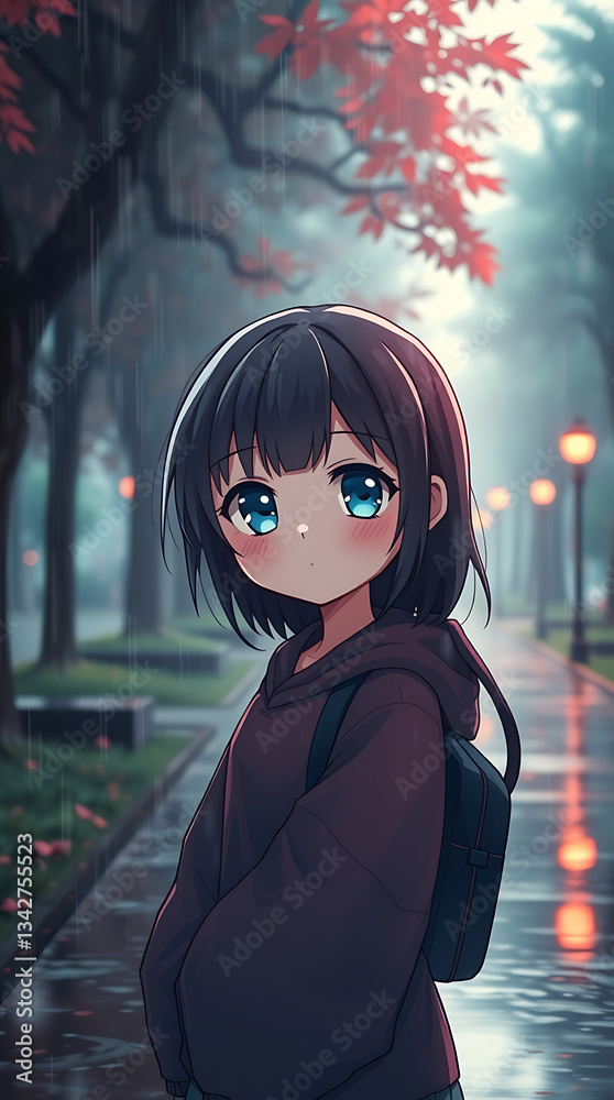 Fototapeta premium anime chibi style, masterpiece, highly detailed, cute with adorable eyes in the park, dynamic angle, depth of field, created by generative ai