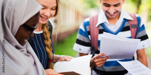 Canvas Print Diverse group of students studying outdoors, smiling and engaged