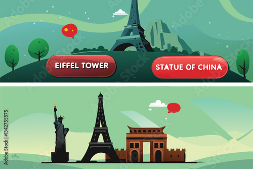 Design a vibrant banner promoting international language learning.  Feature diverse flags and learning icons.