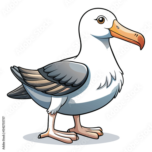A majestic albatross in flight, showcasing its pristine white body, striking black wingtips, and subtle pale pink beak.  Close-up detail.