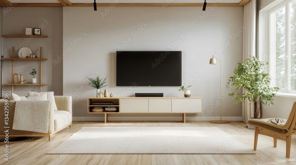 Fototapeta premium Sleek design of a TV cabinet complements a Scandinavian decor. 