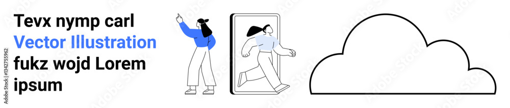 Fototapeta premium Woman stepping out of a smartphone, large cloud shape on the side. Ideal for technology, connectivity, creativity, innovation, freedom, digital transformation, simple landing page