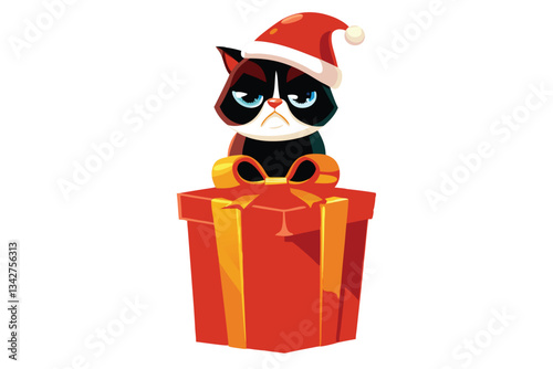 Create a humorous cartoon illustration of a grumpy cat wearing a Santa hat, showcasing its displeasure with the festive season.