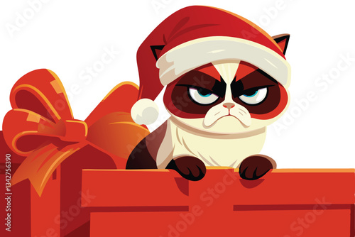 Create a humorous cartoon illustration of a grumpy cat wearing a Santa hat, displaying a clearly disgruntled expression.  Include detailed fur texture and a festive, slightly ironic, background.