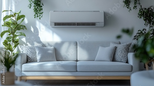 A modern air conditioner, on a softly-focused white wall, symbolizes comfort and coolness