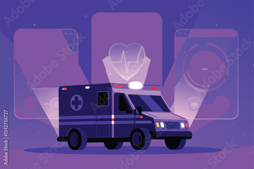 A sleek, futuristic ambulance, emitting holographic medical symbols, surrounded by a shimmering, vibrant holographic field.