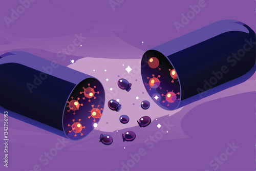 A futuristic, bioluminescent capsule dissolving, releasing a swarm of microscopic nanobots; detailed, hyperrealistic rendering.