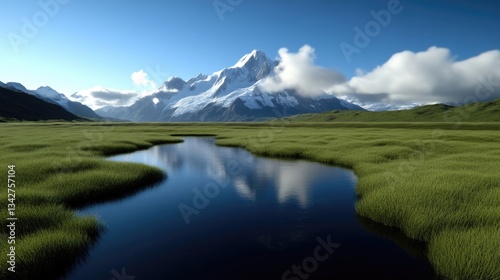 Serene mountain vista reflecting in a tranquil creek. Lush green meadow surrounds a clear, dark-blue stream reflecting the snow-capped peak and clouds above