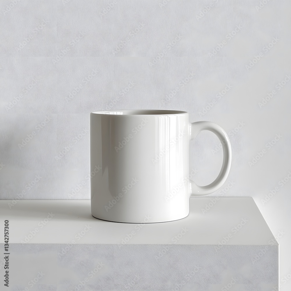 Obraz premium Blank White Mug on White Shelf Minimalist Mockup Design Template