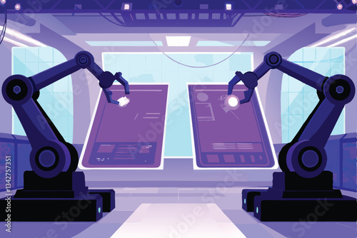 A futuristic sterile medical lab; gleaming chrome robotic arms perform precise procedures; advanced medical technology; glowing holographic displays.