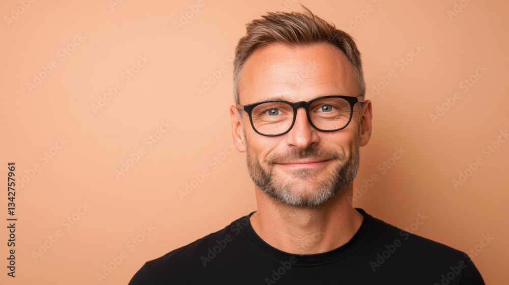 confident light skinned man with glasses smiles against warm background, showcasing modern and approachable style. His expression conveys friendliness and professionalism confident light skinned man with glasses smiles against warm background, showcasing modern and approachable style. His expression conveys friendliness and professionalism