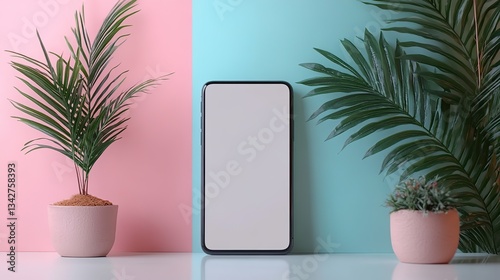 A modern smartphone, with a blank white screen, sits on a white table near a plant, pastel background offers mockup space for design and advertising