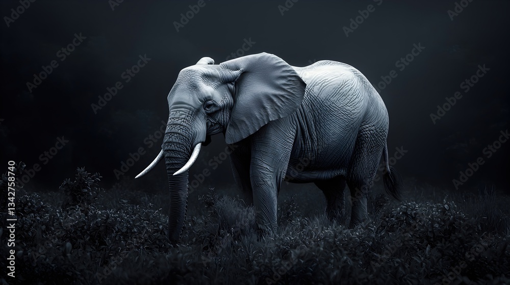 Fototapeta premium Majestic Elephant Walking Through Dense Grass in Low Light Environment