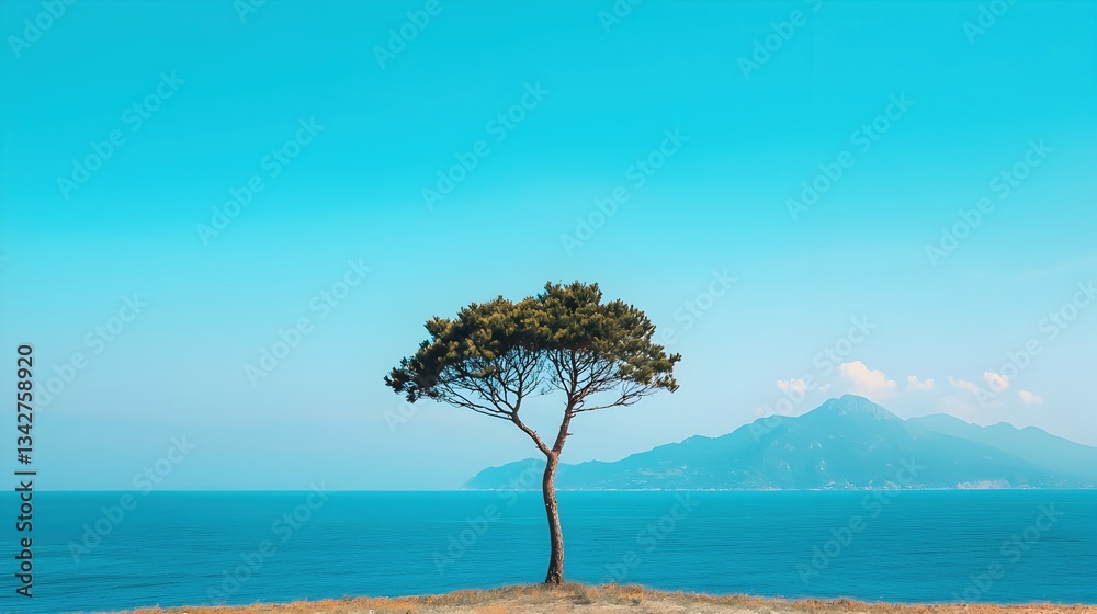 Solitary Tree on Cliff Overlooking Calm Ocean and Blue Sky Solitary Tree on Cliff Overlooking Calm Ocean and Blue Sky