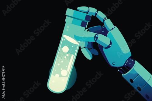 A futuristic glowing robotic hand, chrome and metallic, gently cradles a glass test tube filled with a vibrant, glowing liquid.  High-detail, cinematic lighting.