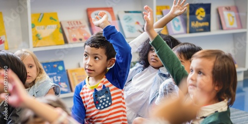 Εκτύπωση καμβά Children in a classroom raising hands, eager to participate