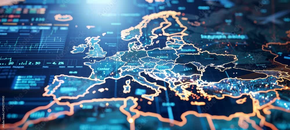 Digital virtual map of Europe map. Information wireless data technology. Generative video AI technology.	
