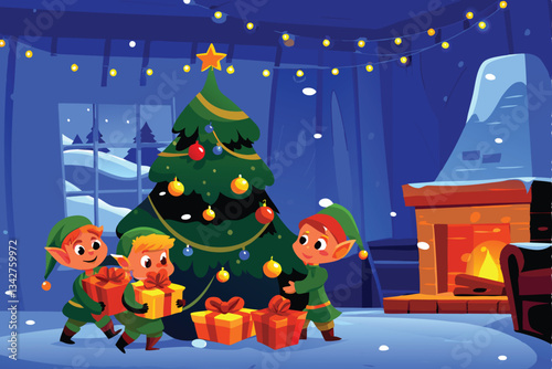Merry Christmas!  A whimsical illustration of cheerful cartoon elves, joyfully carrying festively wrapped presents, amidst a snowy, winter wonderland.