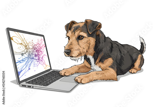 Illustration dog using laptop