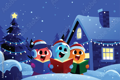 Cheerful cartoon characters, diverse and vibrant, joyfully singing Christmas carols together.  Illustrative style, festive backdrop.