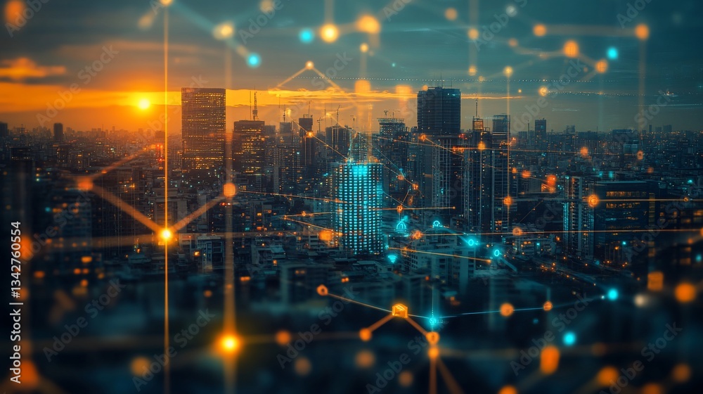 Obraz premium Connected Cityscape at Sunset: A Digital Network Overlay on Urban Skyline