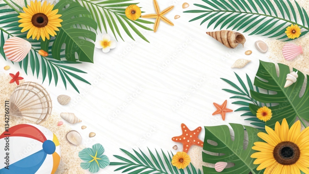 Beautiful Summer Beach Scene with Sunflowers, Seashells, Starfish, Tropical Leaves, and Beach Ball for Background Decoration and Vacation Themes Beautiful Summer Beach Scene with Sunflowers, Seashells, Starfish, Tropical Leaves, and Beach Ball for Background Decoration and Vacation Themes
